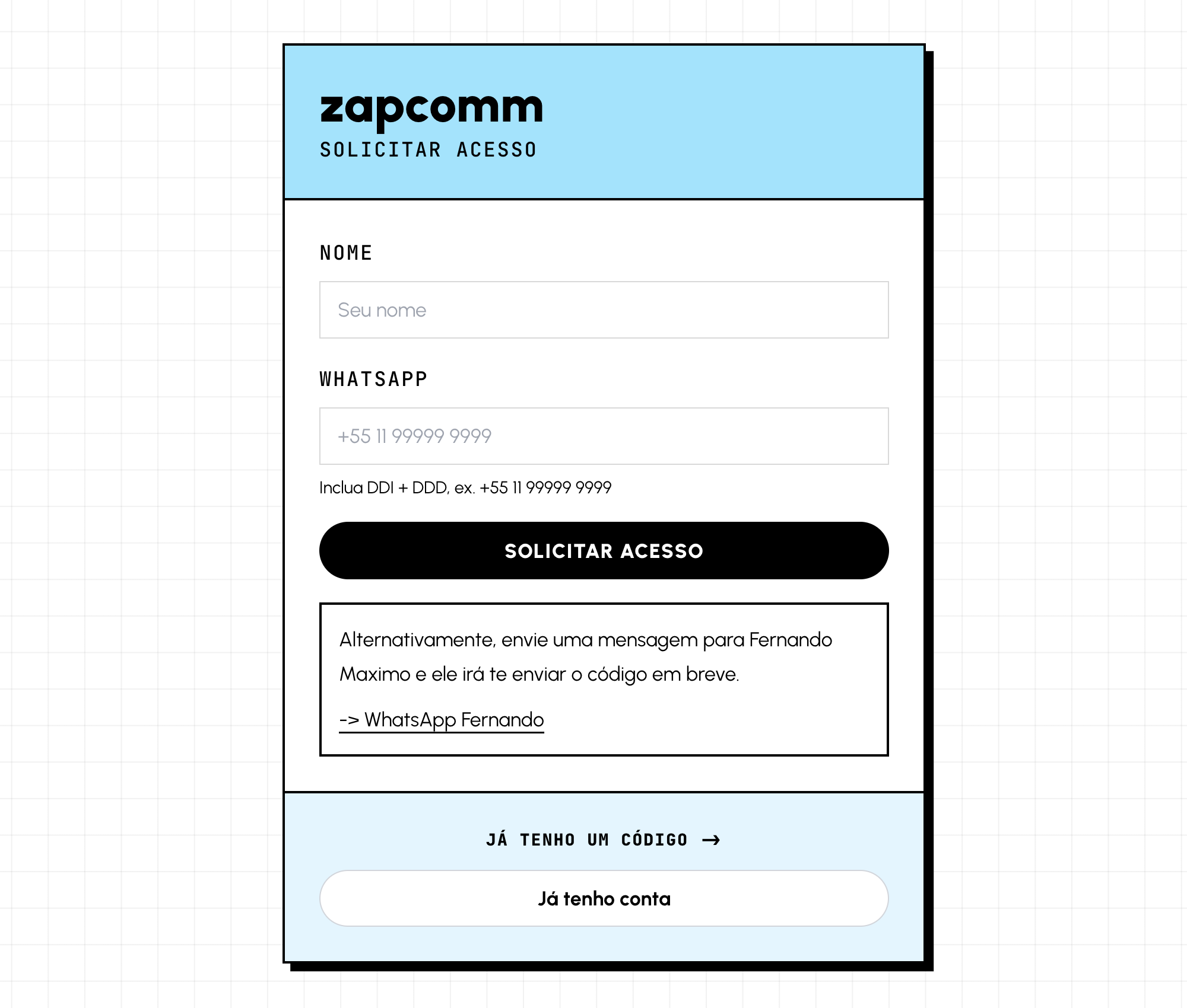 Tela para solicitar acesso ao ZapComm e pedir o código de convite pelo WhatsApp