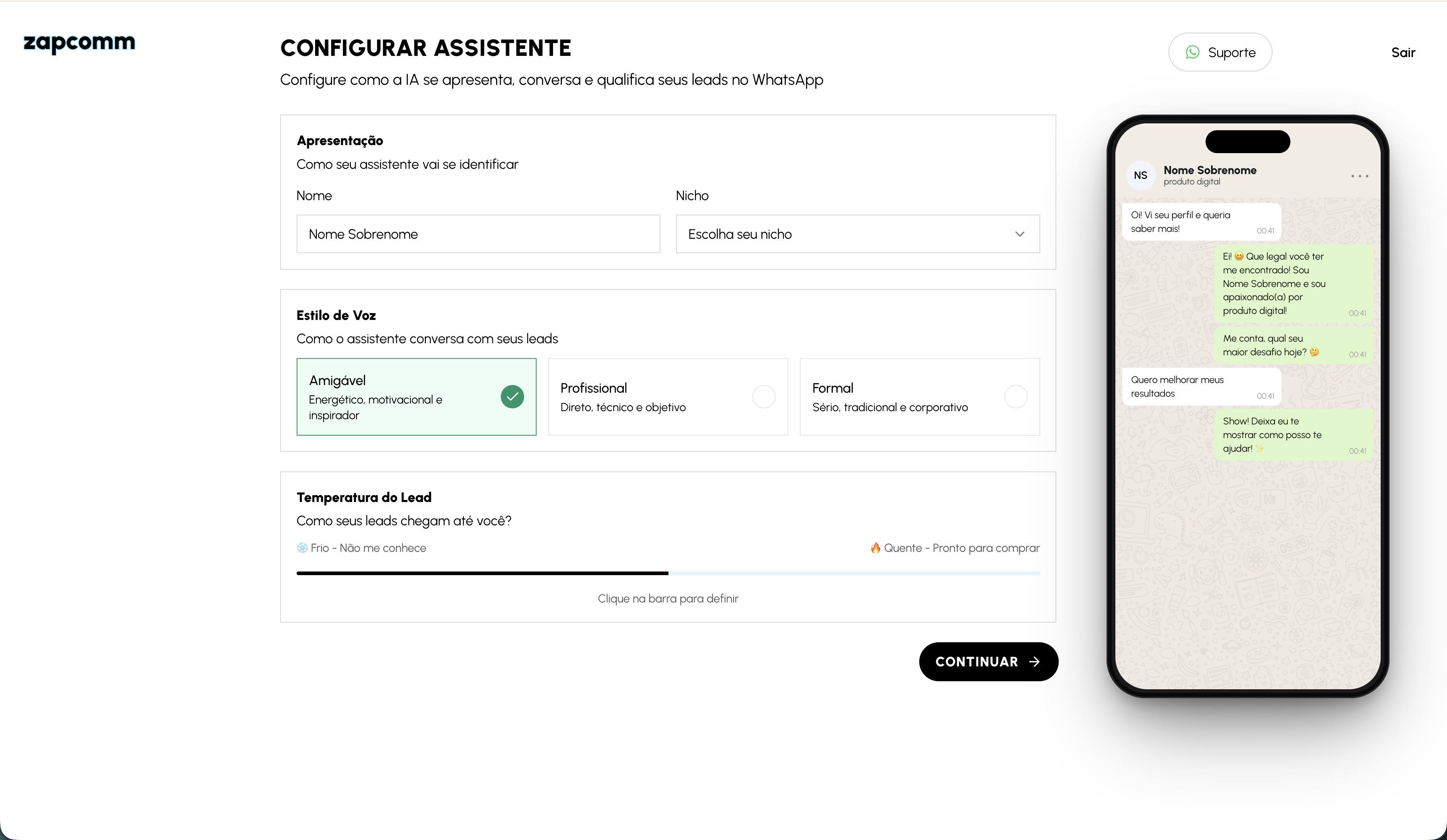 Tela de configuração do assistente com nome, nicho, estilo de voz e temperatura do lead