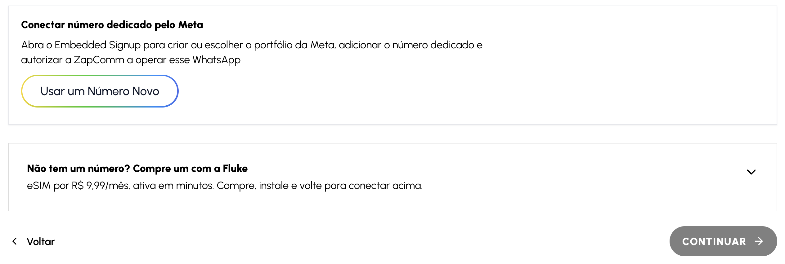 Tela para conectar um número dedicado pelo Embedded Signup da Meta