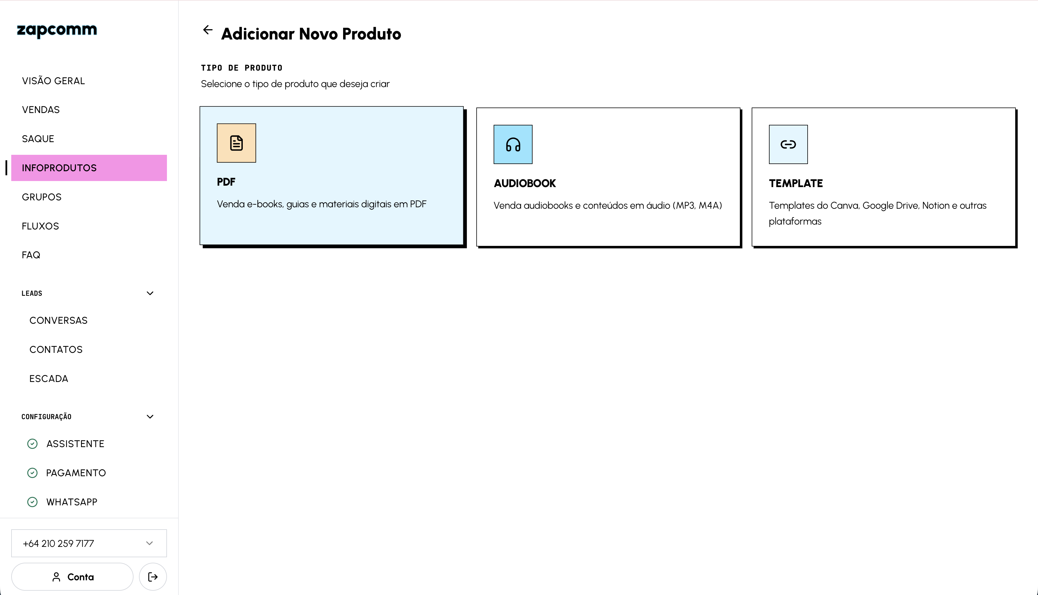 Tela de adicionar novo produto com opções de PDF, audiobook e template