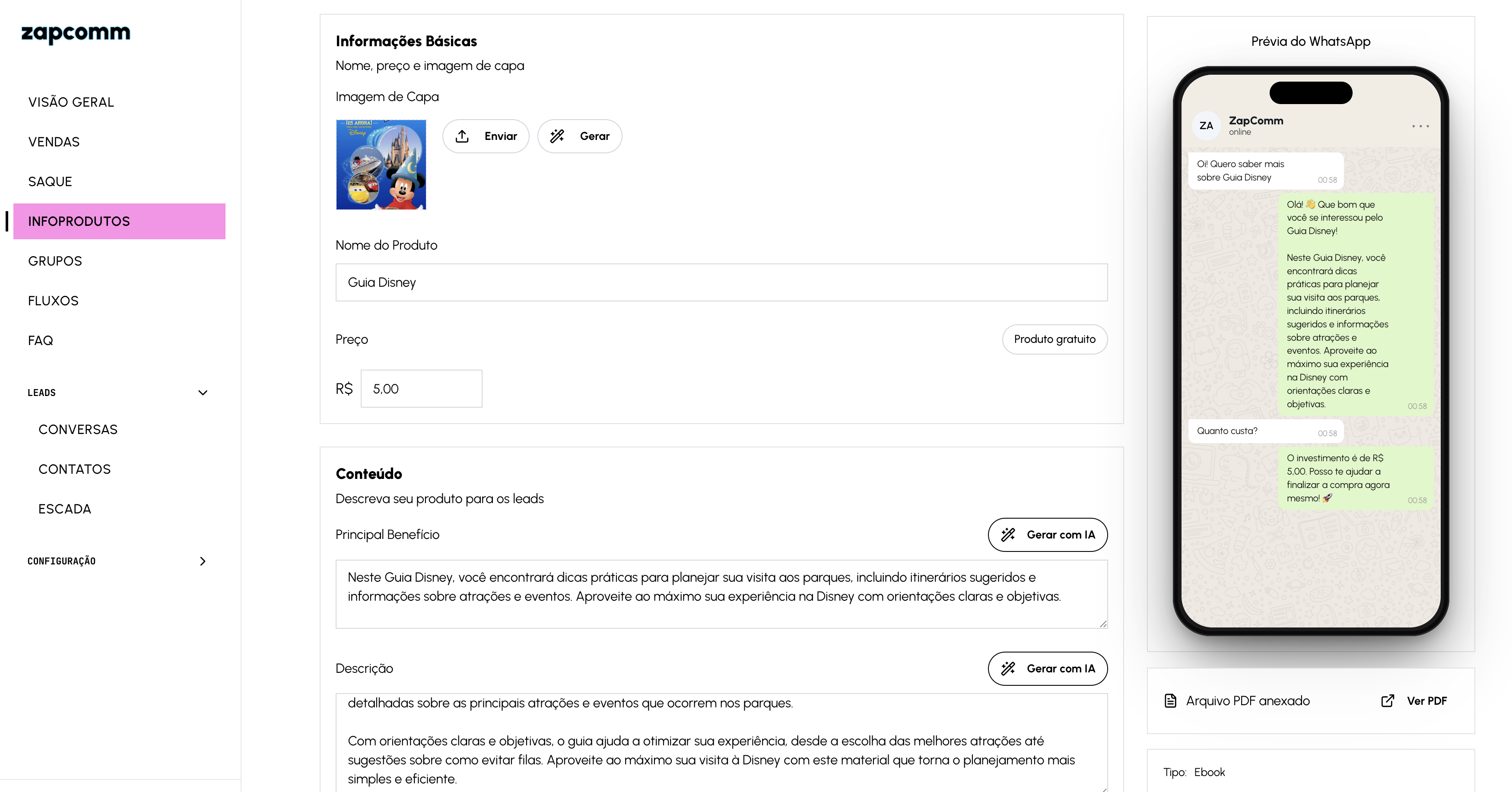 Tela de produto com informações básicas, conteúdo e prévia da conversa no WhatsApp